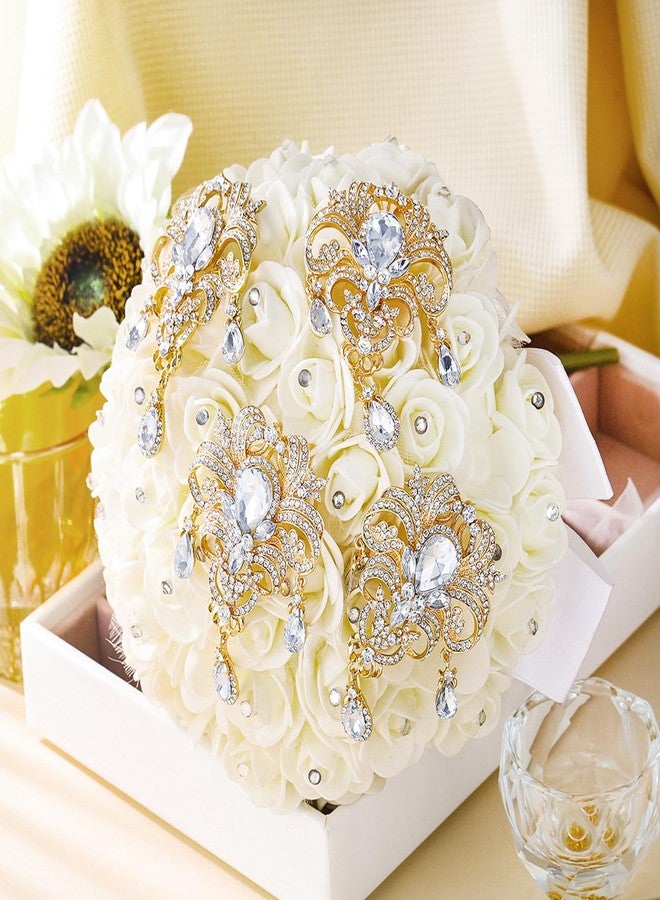 MEEDOZ 4Pcs Vintage Brooch Pins for Women Fashion, Crystal Rhinestone Wedding Bouquet DIY Flower Brooches Set for Crafts (Gold) - Image 3